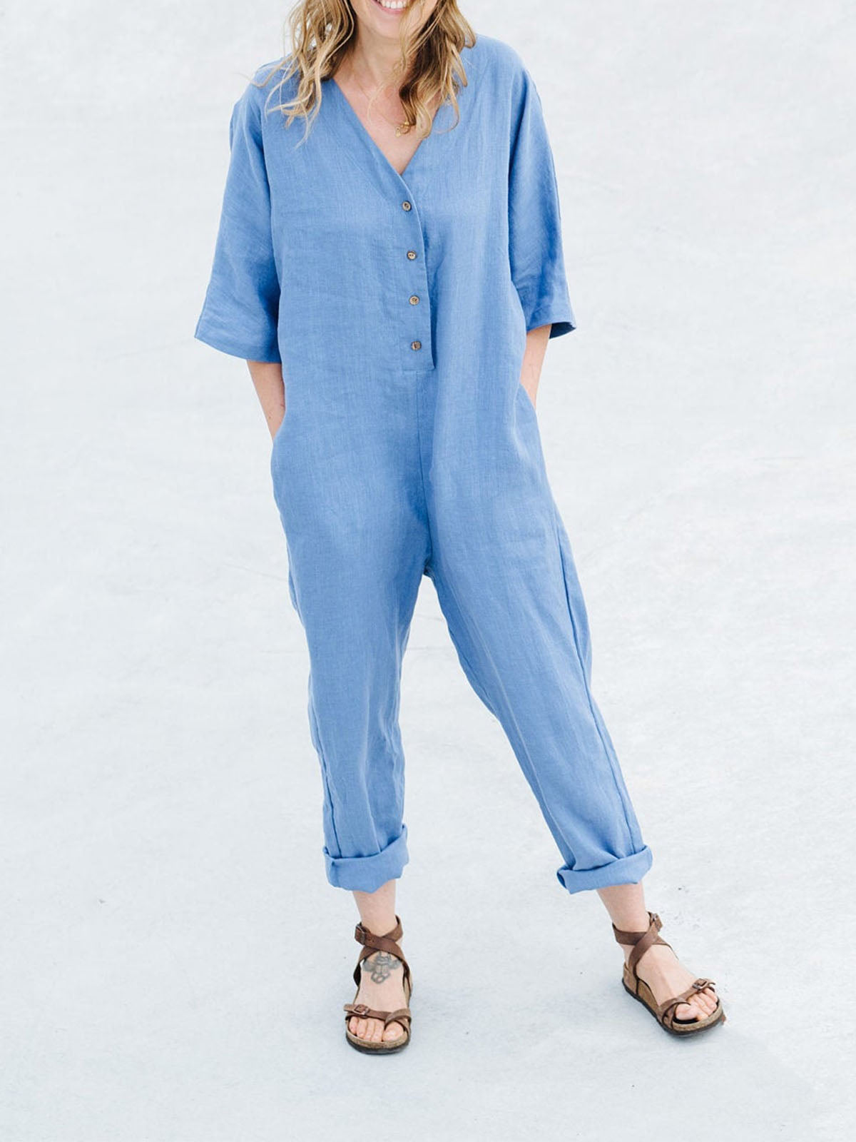 Women's Button Up Half Sleeve V Neck Cotton and Linen Jumpsuit