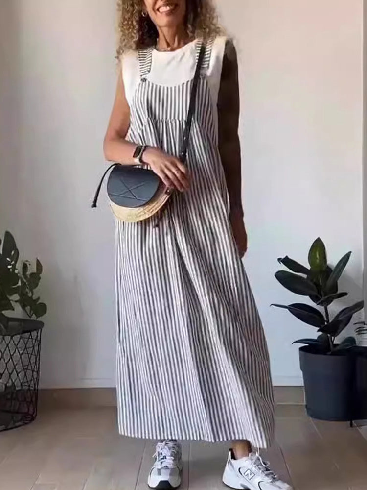 Women's Loose Fit Striped Linen Overall Dress