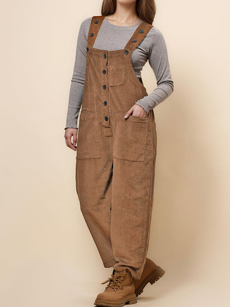 Women's Pockets Corduroy Jumpsuit Strape Shoulder Overall