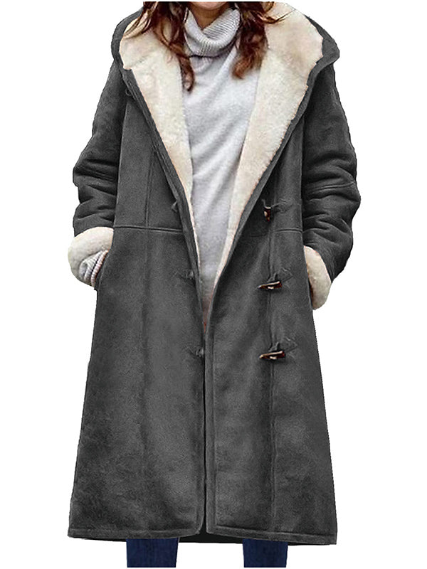 Warm Thickened Hooded Jacket With Horn Buttons