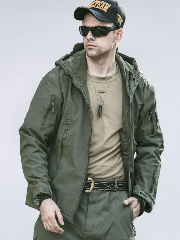 Men's Outdoor Waterproof Tactical Hooded Jacket with Zippered Pockets