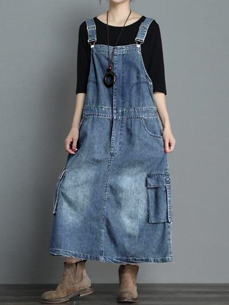 Women's Loose Fit Denim Overalls Dress