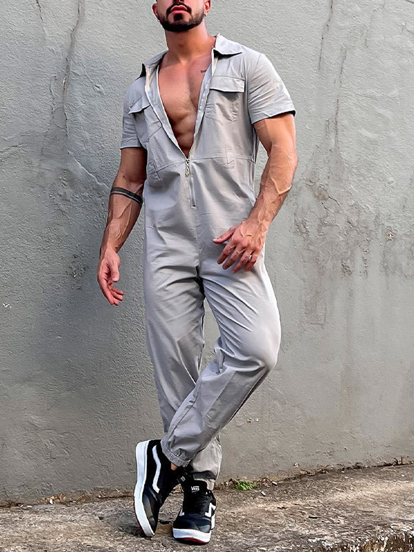 Men's Casual Zipper Neck Cargo Jumpsuit